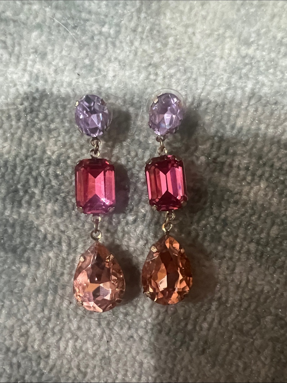 Statement Dangle Earrings with Purple, Pink and Peach Gemstones - Picture 2 of 4